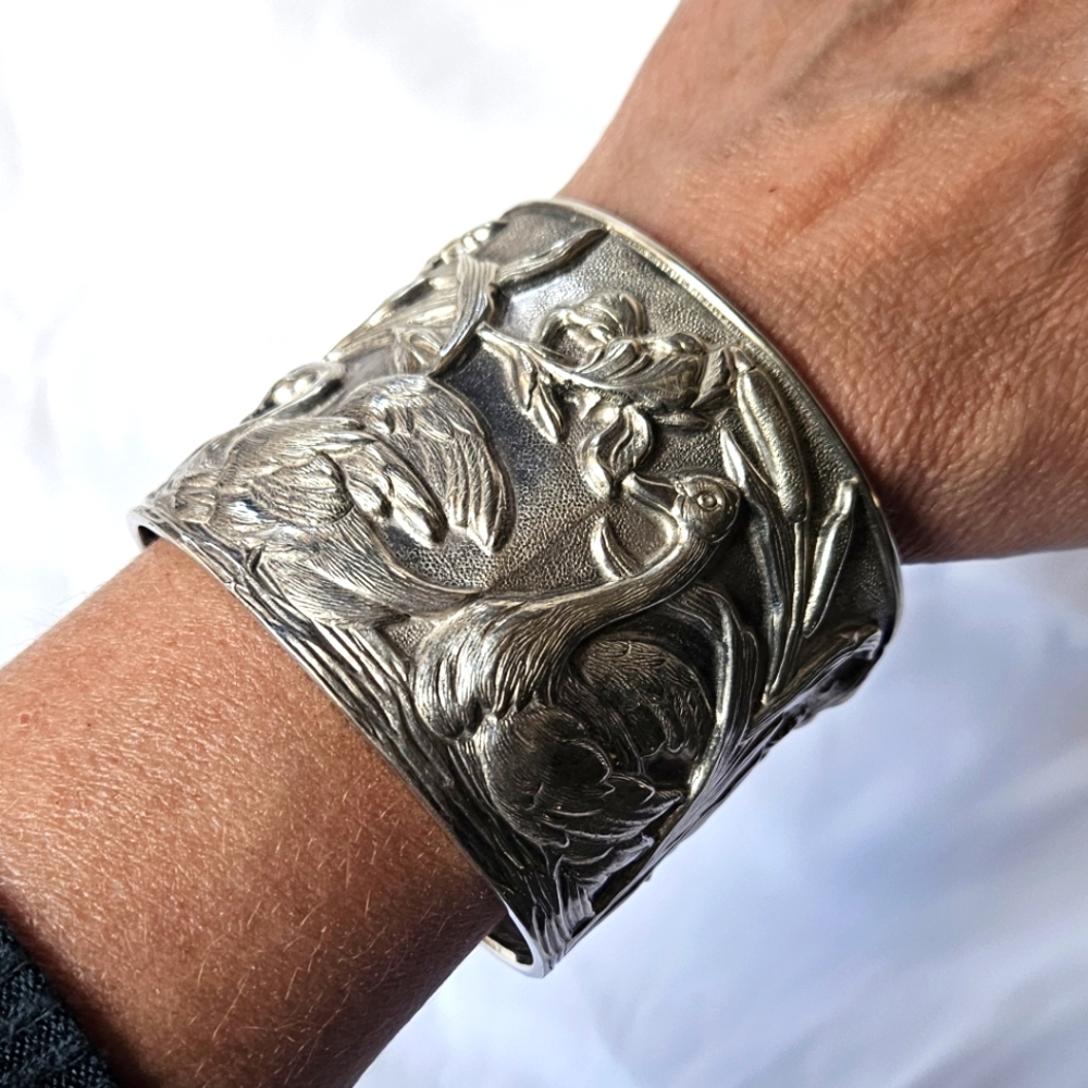 Vintage .925 Sterling Repousse Cuff -- Swans, Cattails, Water Iris